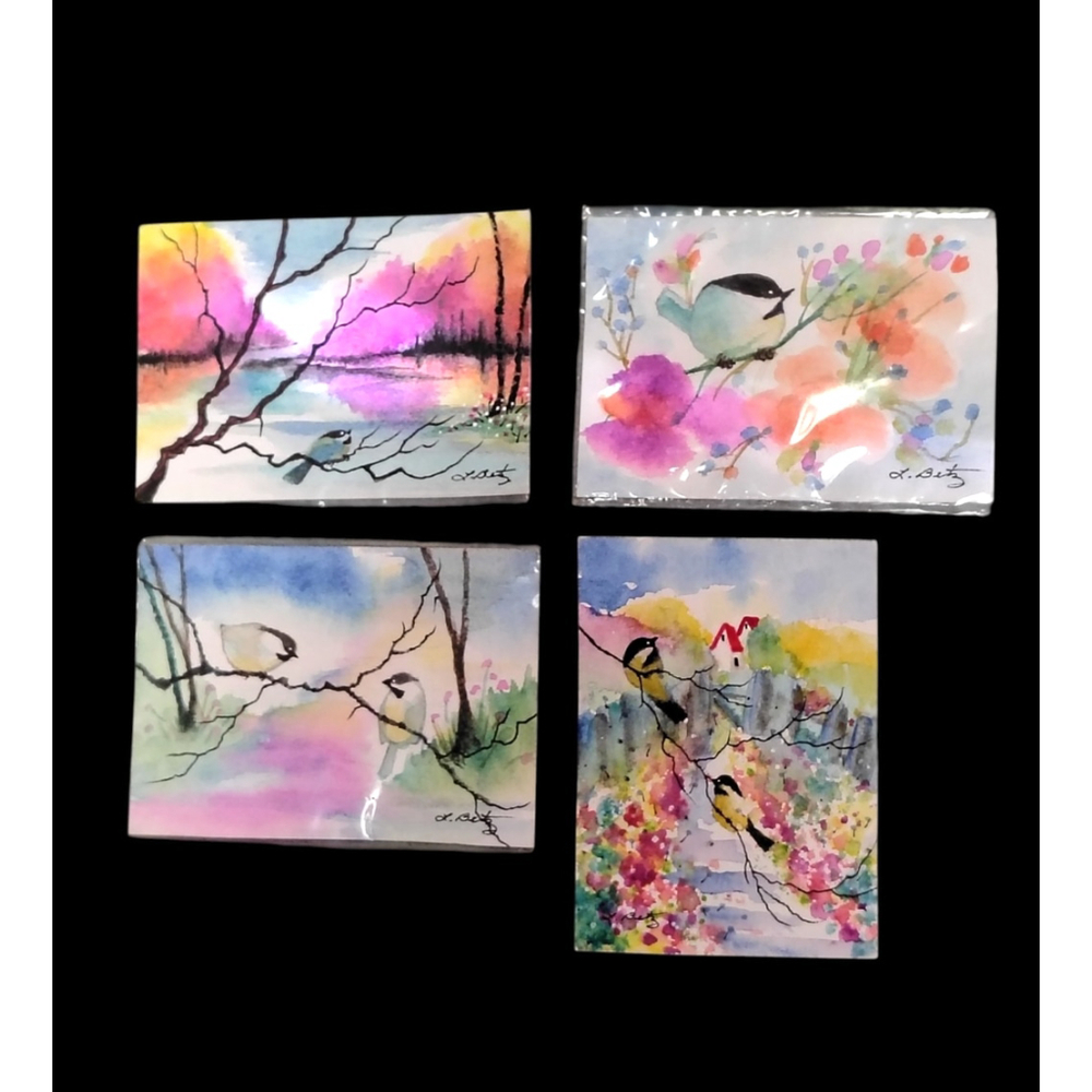 Lot Of 4 Water Color Aceo Paintings birds flowers Signed And dated L. Betz
